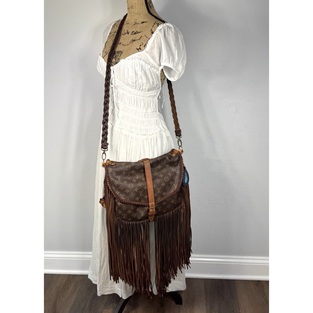 Vtg Boho Upcycled Louis Vuitton Monogram Fringe Crossbody Bag Western with Charm - Picture 2 of 16